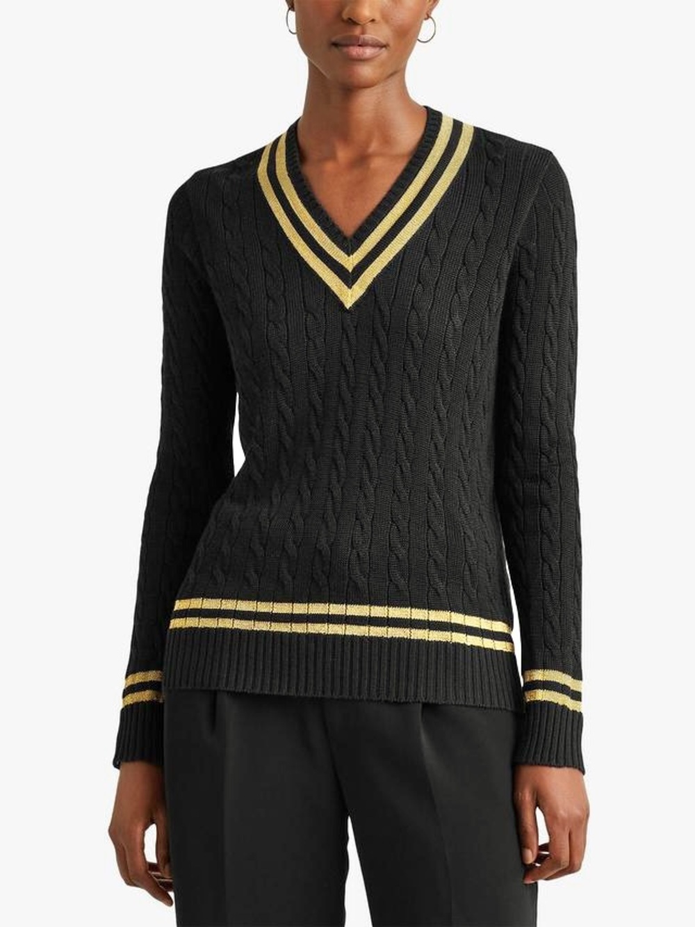 Ralph Lauren Cable Knit Cricket Sweater MP VNeck Varsity Preppy Country Club BLK